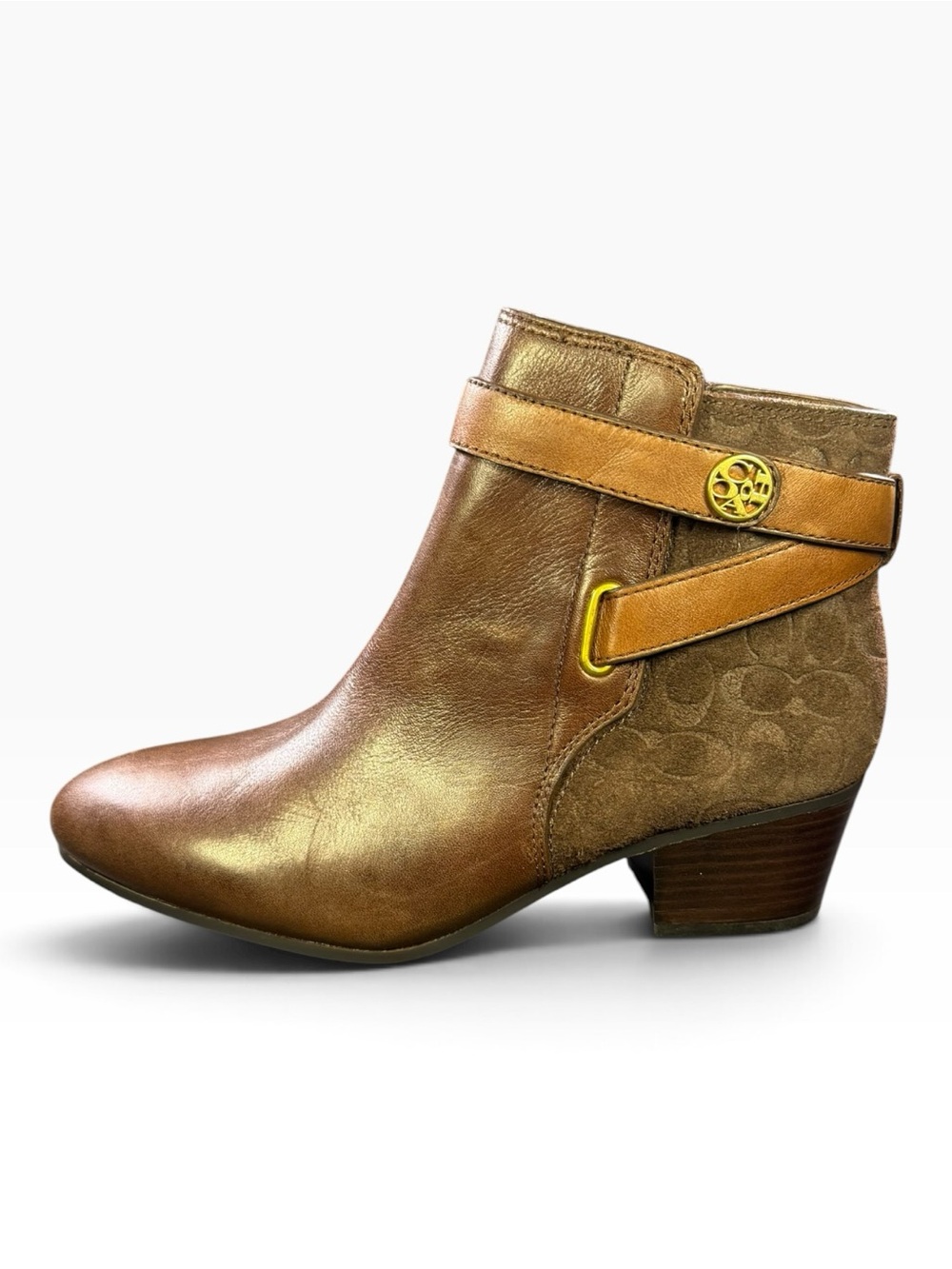 Coach Metallic Brown Leather & Suede Ankle Boot with Gold Accent
